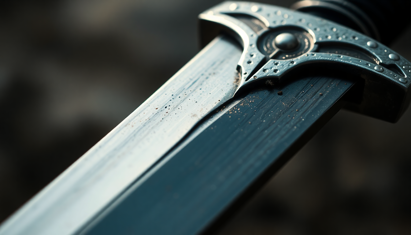 a closeup to a medieval sword blade shinning 