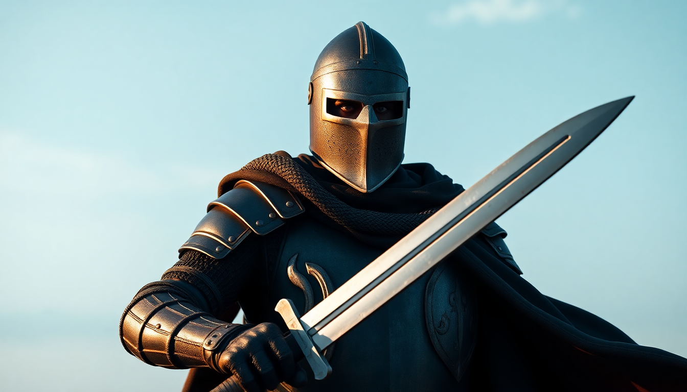 A realistic, simplistic medieval knight holding a realistic, simplistic, traditional sword