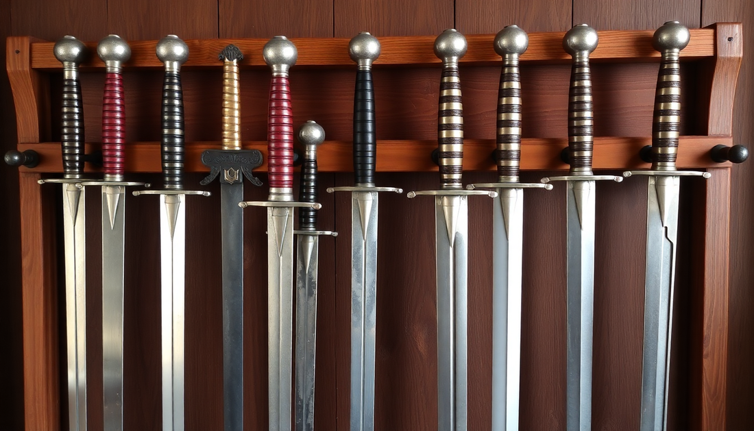 A collection of various medieval swords displayed on a wooden racka 