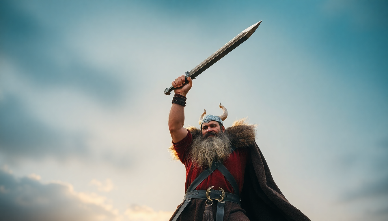 Viking swords showcased by a warrior in traditional attire, illustrating the Viking Swords: History, Buying Guide, and Care | Knight's Collection