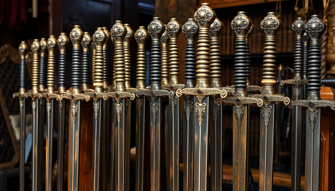 A collection of ornate medieval swords displayed on a wooden stand