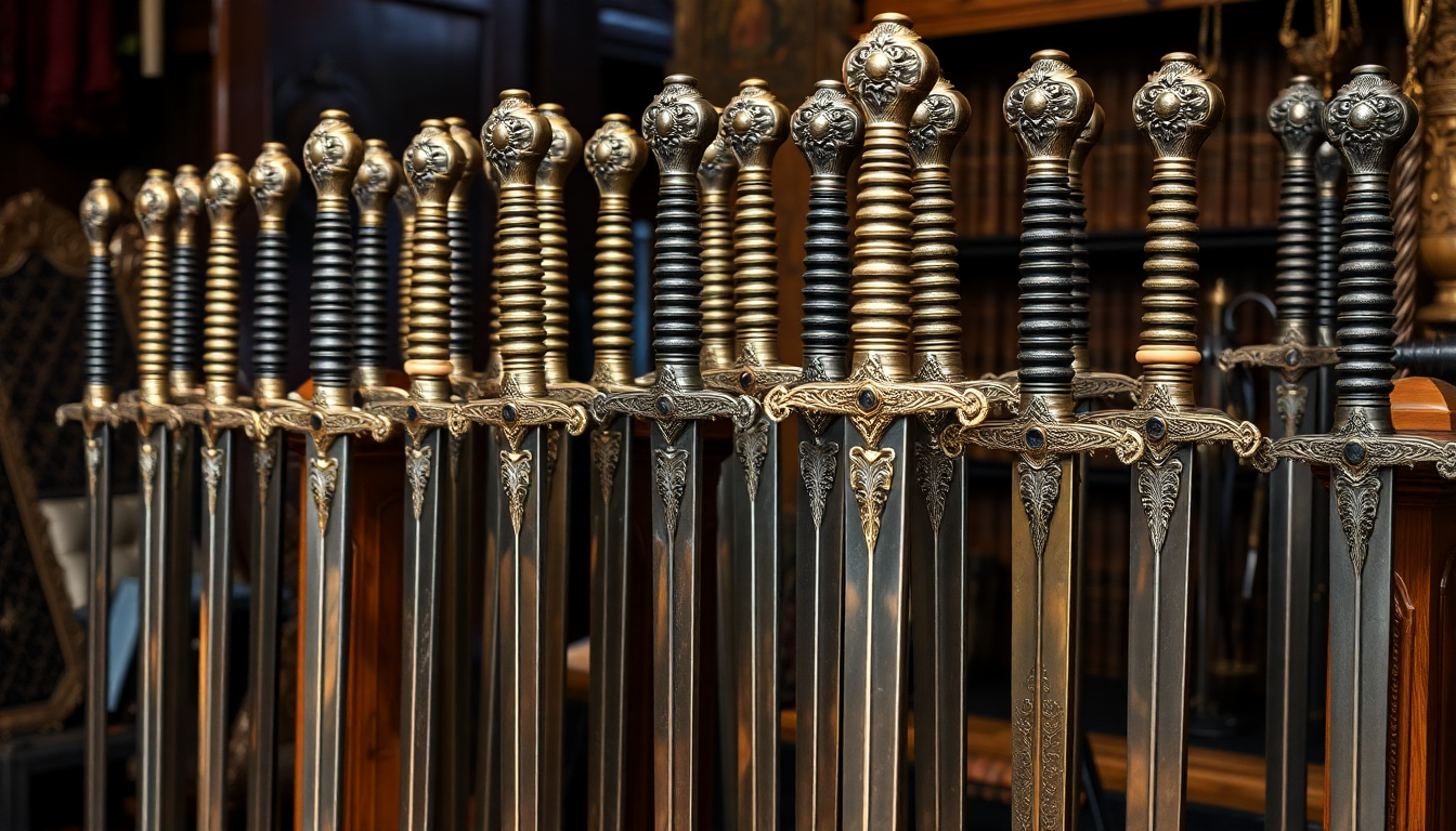 A collection of ornate medieval swords displayed on a wooden stand