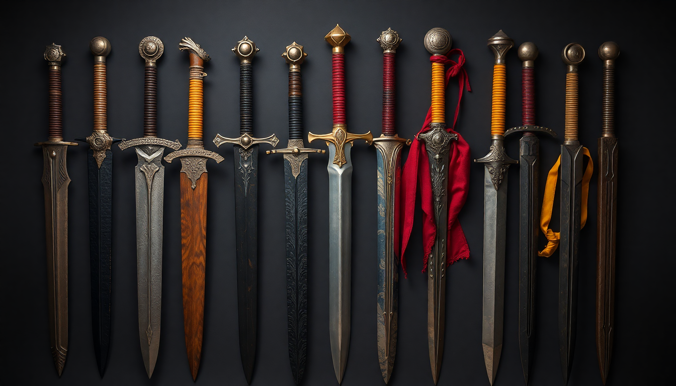 A collection of detailed medieval swords and foam weapons