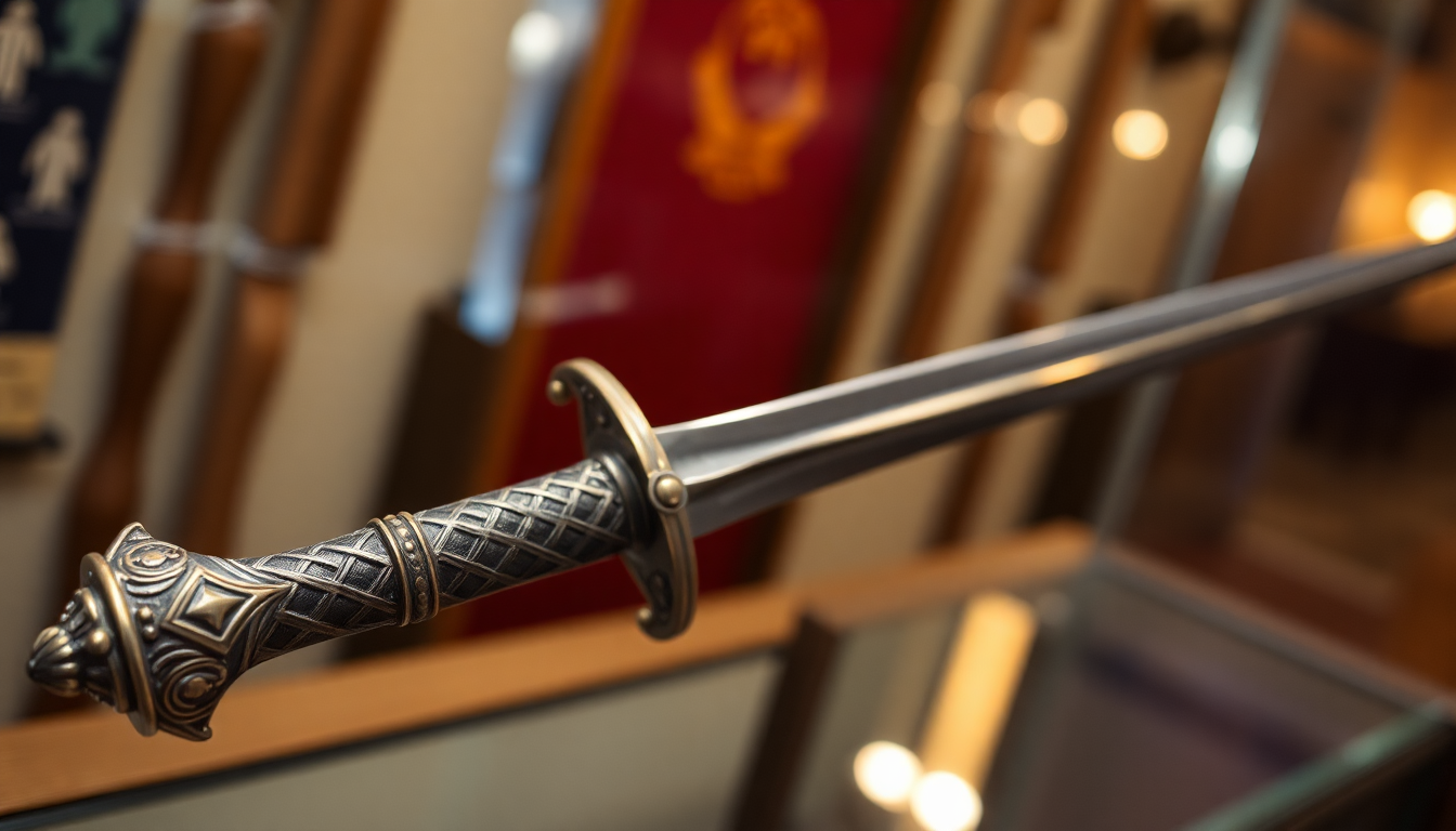 A hand-forged decorative medieval sword on display