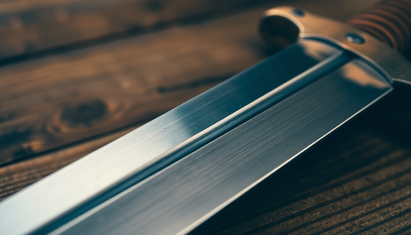 A close-up to the blade of a medieval sword displayed on a wooden table