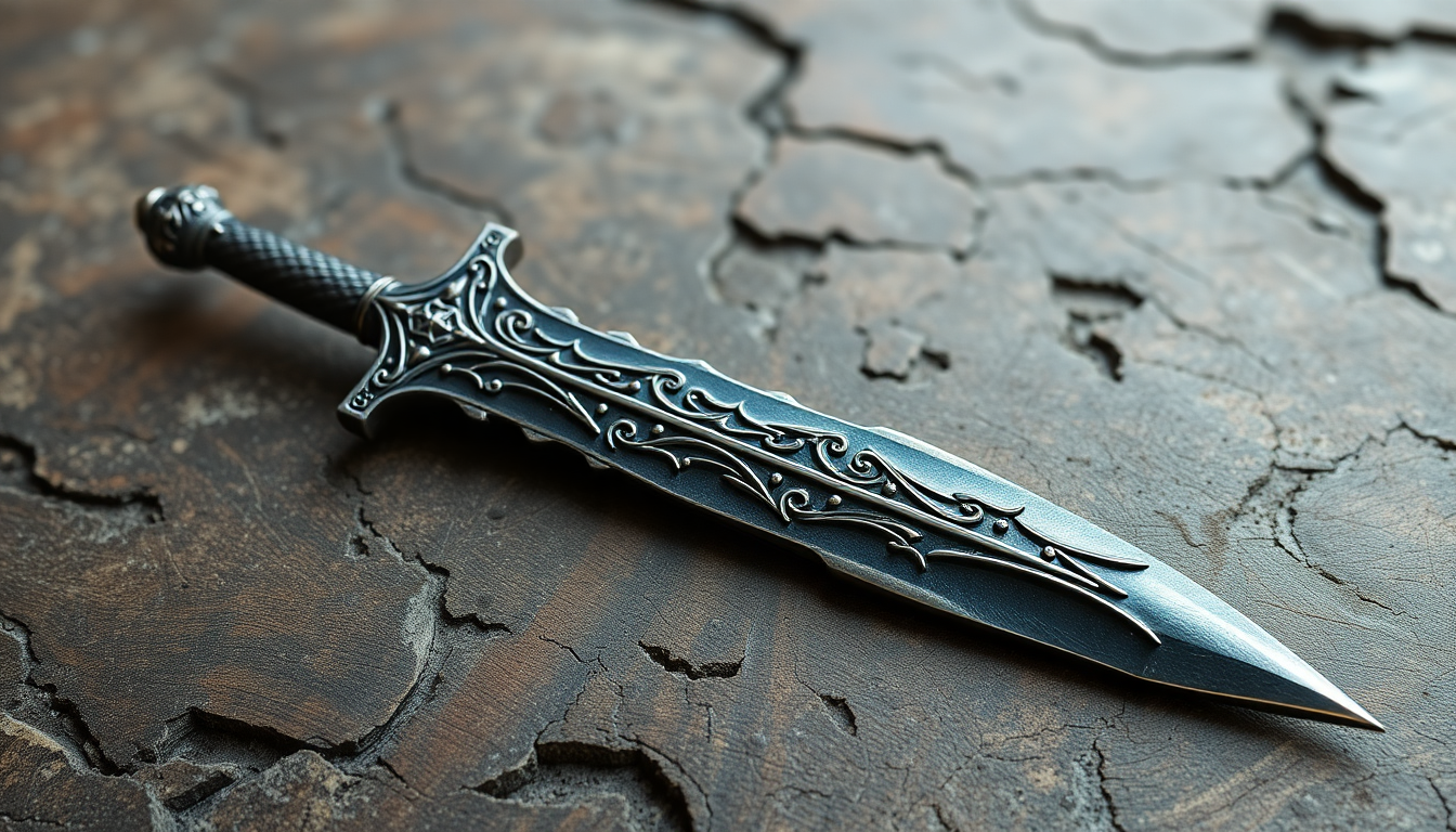 A fantasy medieval dagger with intricate blade design