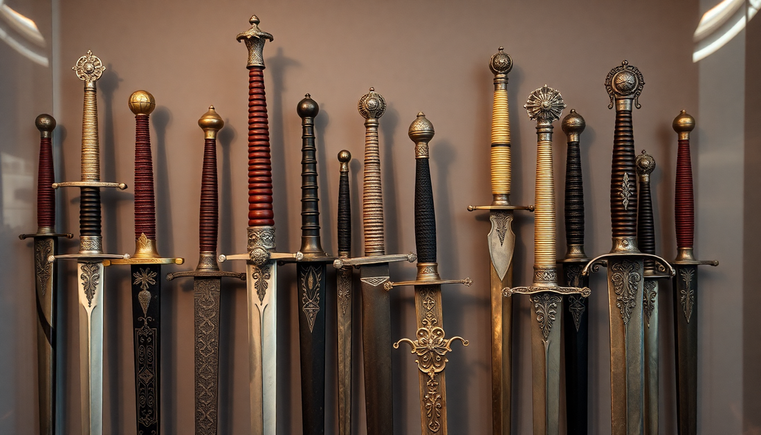 A collection of ornate medieval swords displayed