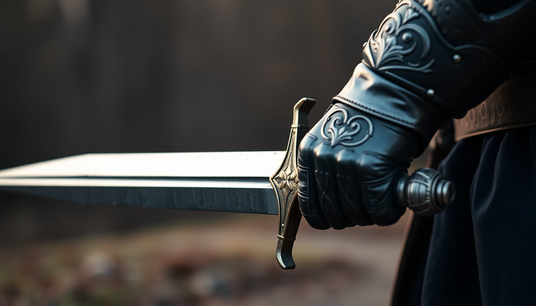 A knight holding a sword from the handle