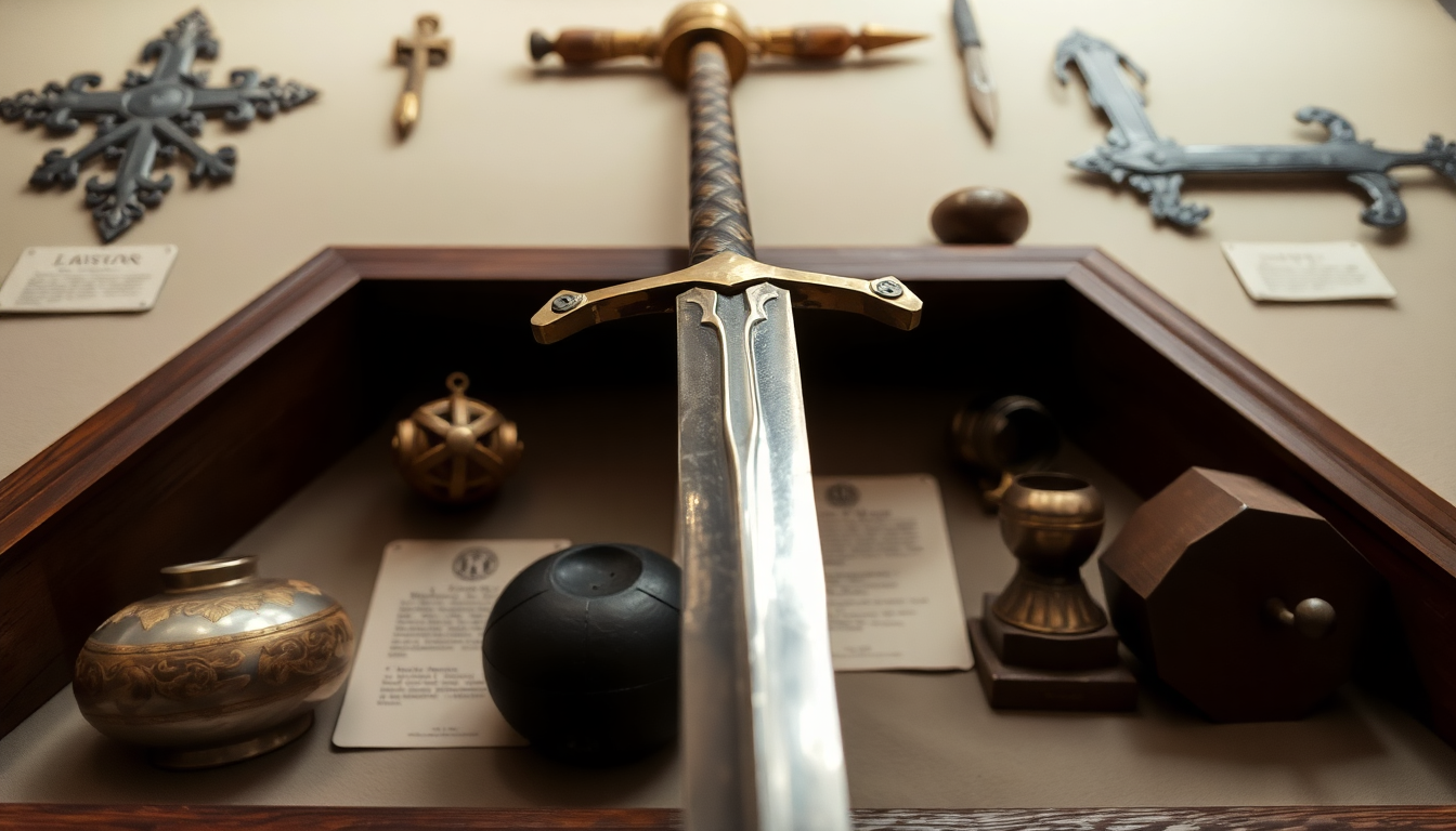 A medieval Knights Templar sword displayed with historic artifacts