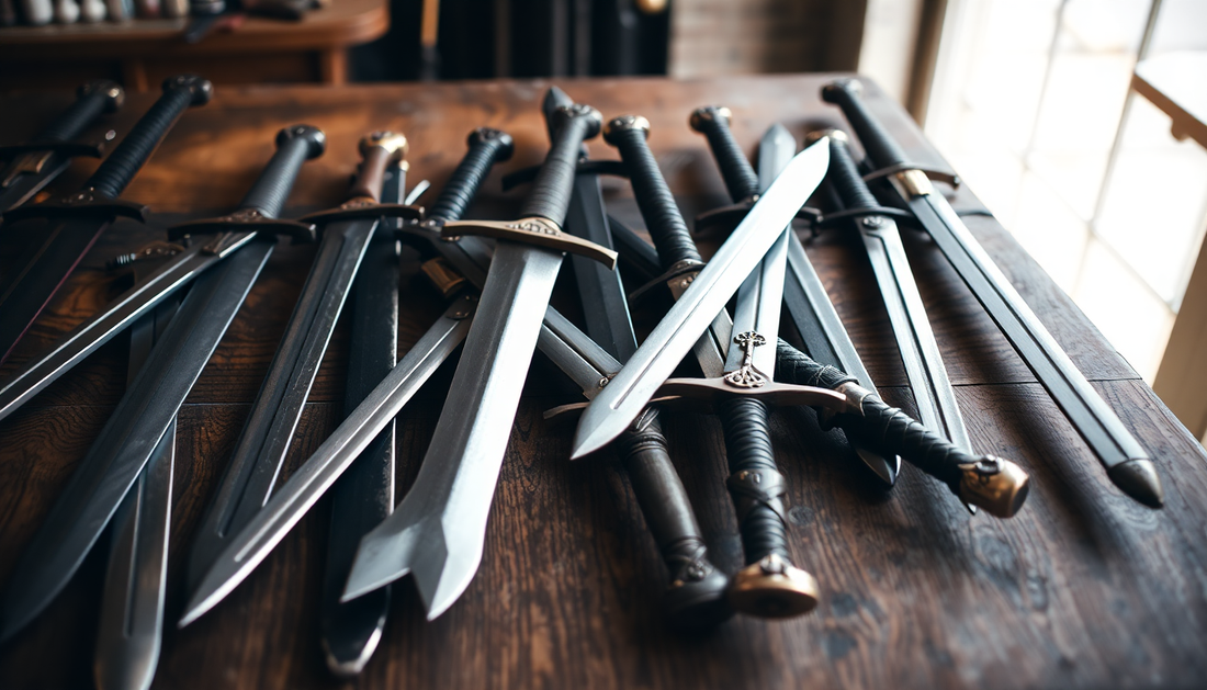 An assortment of medieval swords displayed on a wooden table