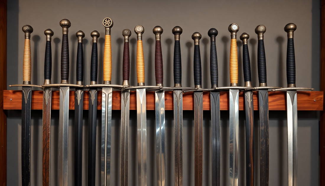 A collection of medieval swords displayed on a wooden rack