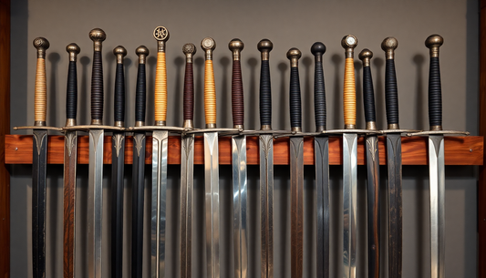A collection of medieval swords displayed on a wooden rack