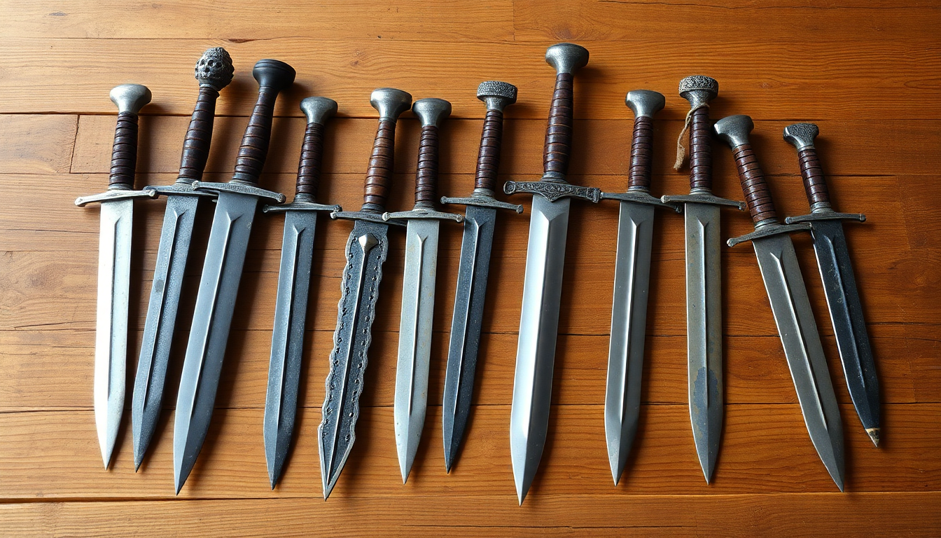 A collection of medieval daggers displayed on a wooden table