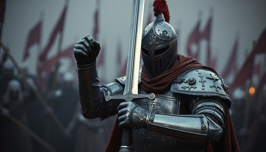 A knight holding a shining medieval sword in battle
