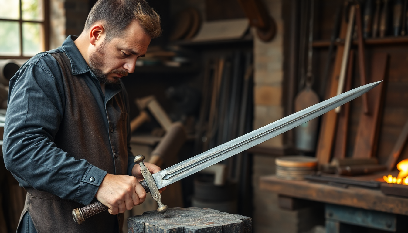 A blacksmith forging a medieval sword in a workshop