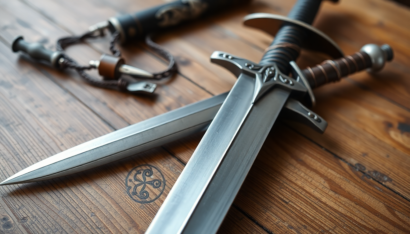 A hand-forged medieval sword displayed on a wooden table