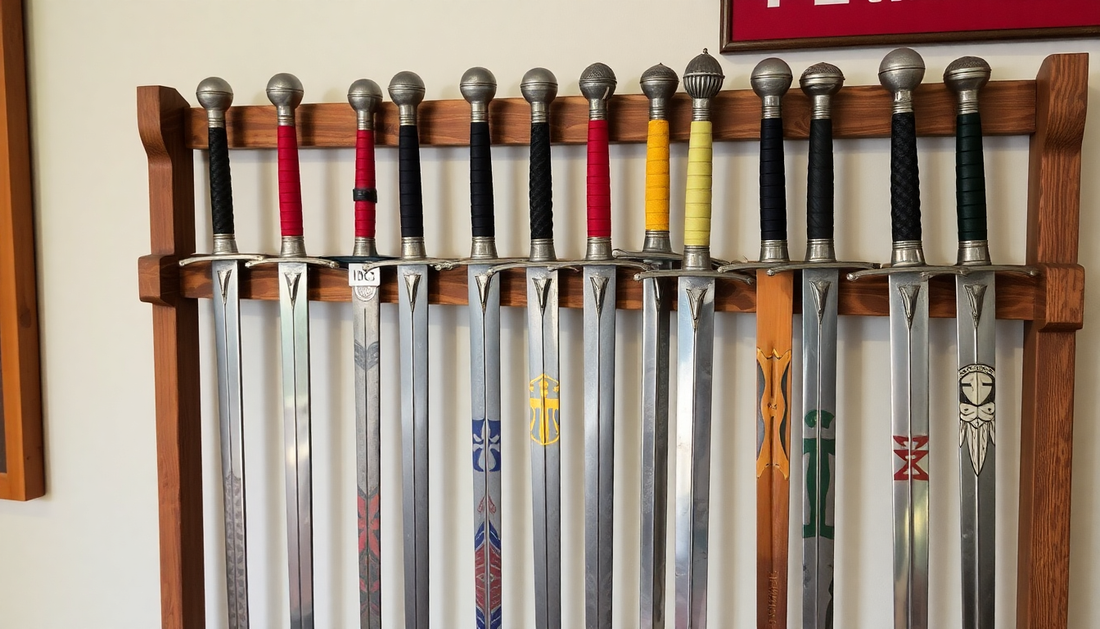 A display of various knight swords on a wooden rack