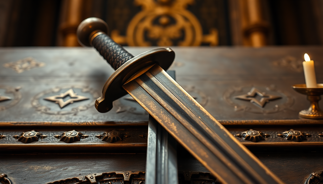 Closeup to a Masonic ceremonial sword resting on an ancient altar