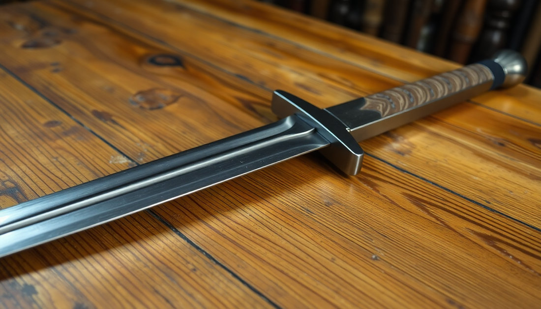 A hand-forged medieval sword displayed on a wooden table