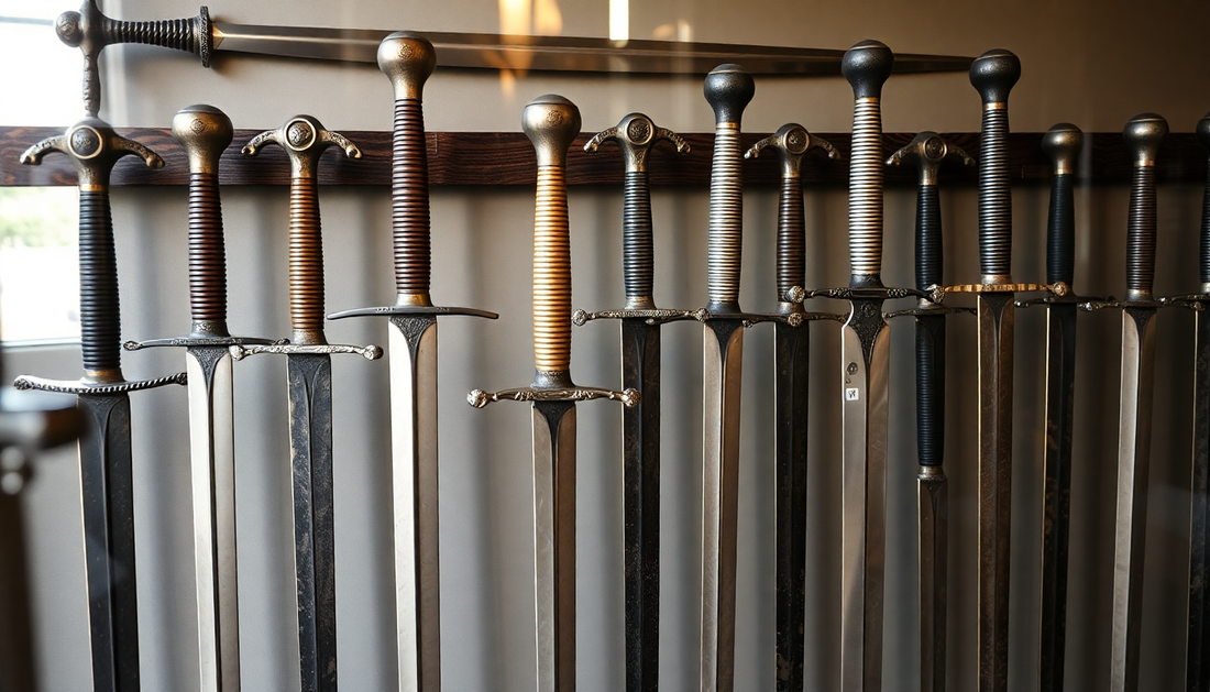 A collection of medieval hand-forged swords displayed