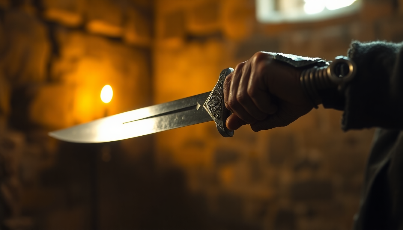 A hand-forged medieval sword gripped firmly by a warrior’s gauntleted hand, mid-swing, with the gleaming blade catching torchlight in a stone chamber.”