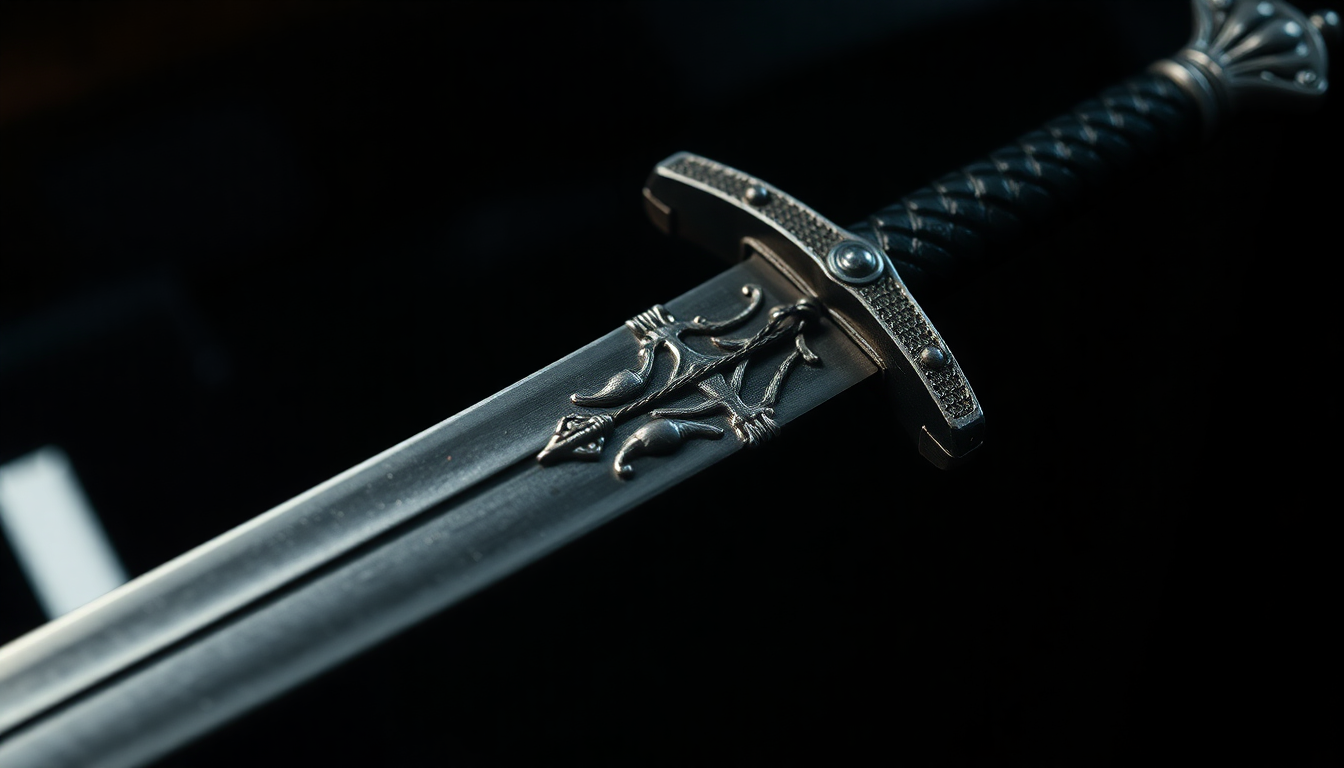A medieval sword displayed with detailed craftsmanship
