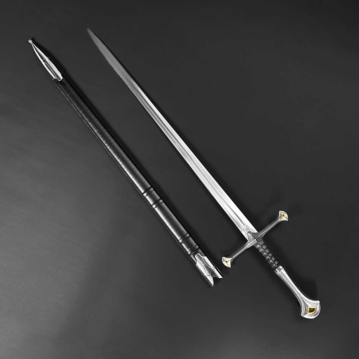 Elite series medieval sword with high carbon steel blade and black leather-wrapped grip next to matching scabbard