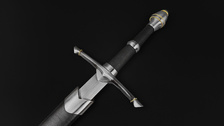 Ornate medieval sword with detailed metal hilt and black grip part of medieval swords for sale collection
