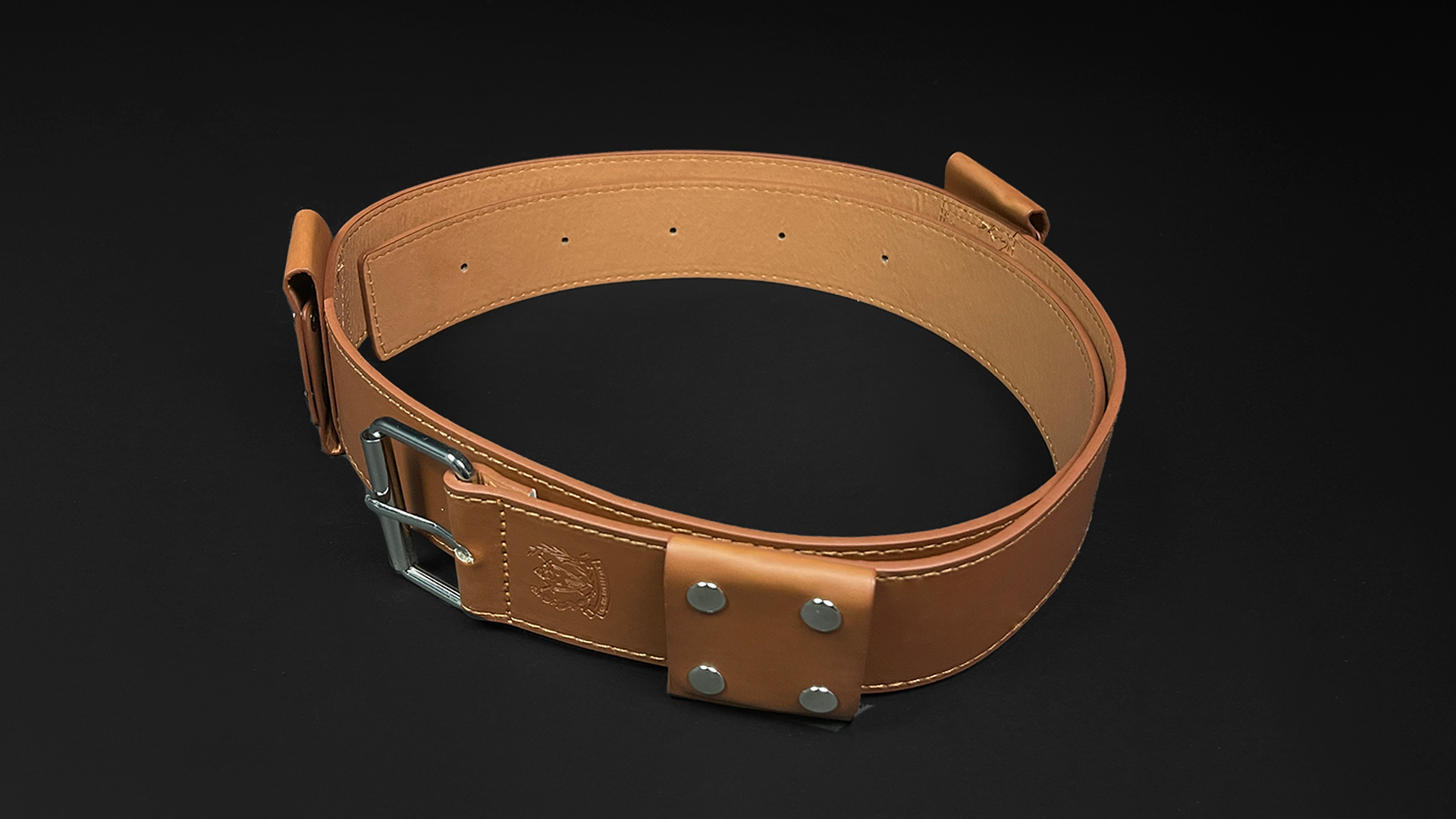 Brown leather belt with metal buckle and rivets from medieval sword accessories collection