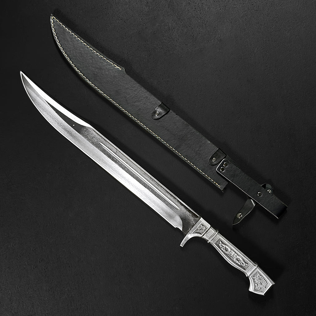 Ornate tactical knife with leather sheath | Knight's Collection