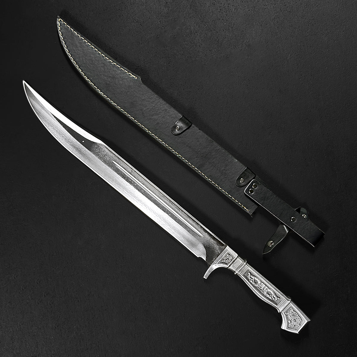 Ornate tactical knife with leather sheath | Knight's Collection