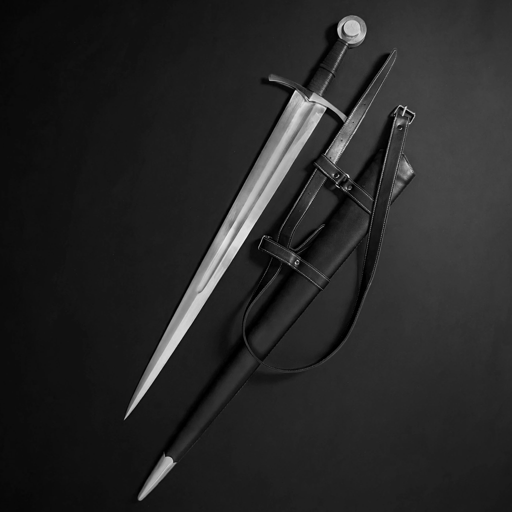 The Ashen Measure 37.8-inch hand-forged medieval sword with 1060 high carbon steel blade and leather scabbard