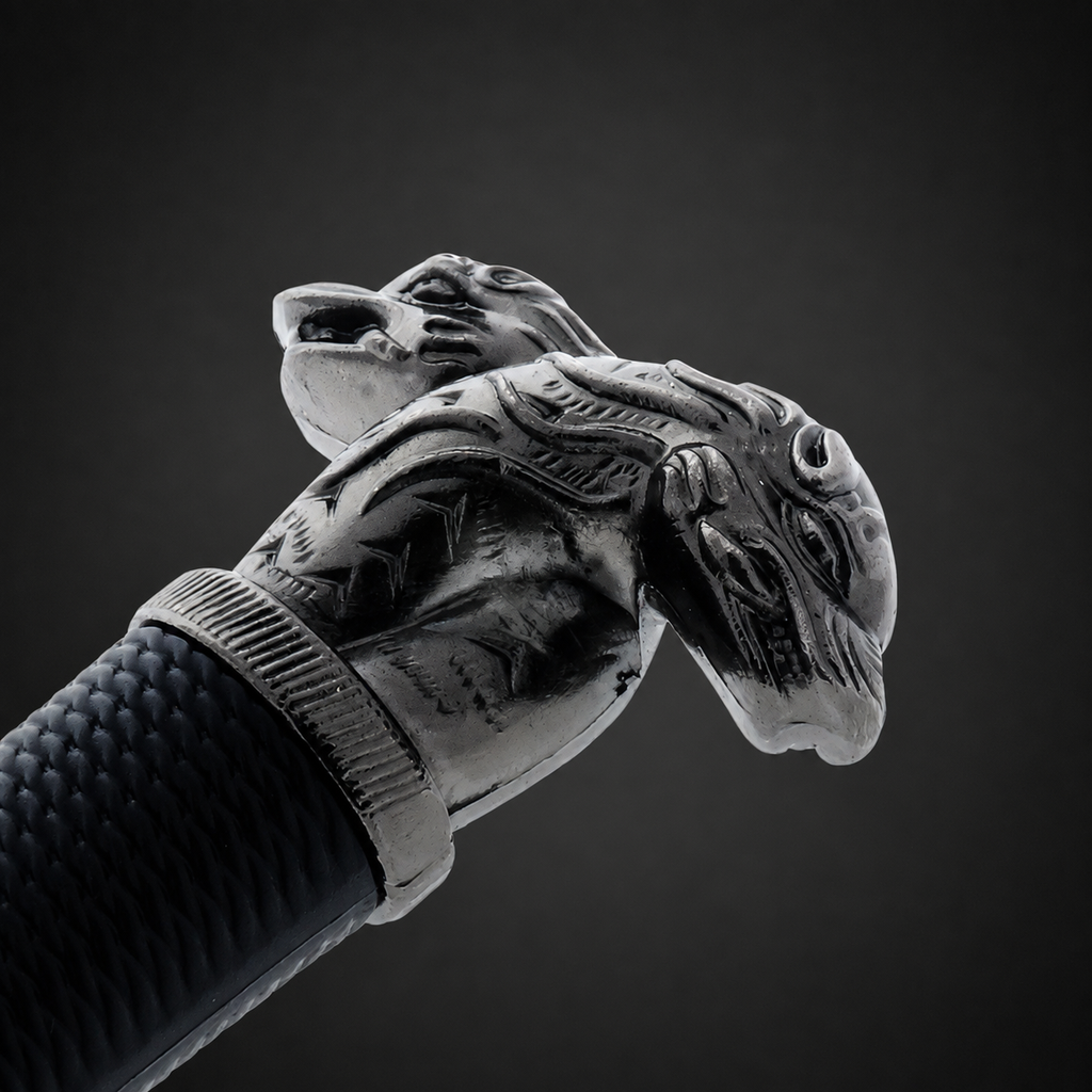 Silver double wolf head sword handle | Knight's Collection