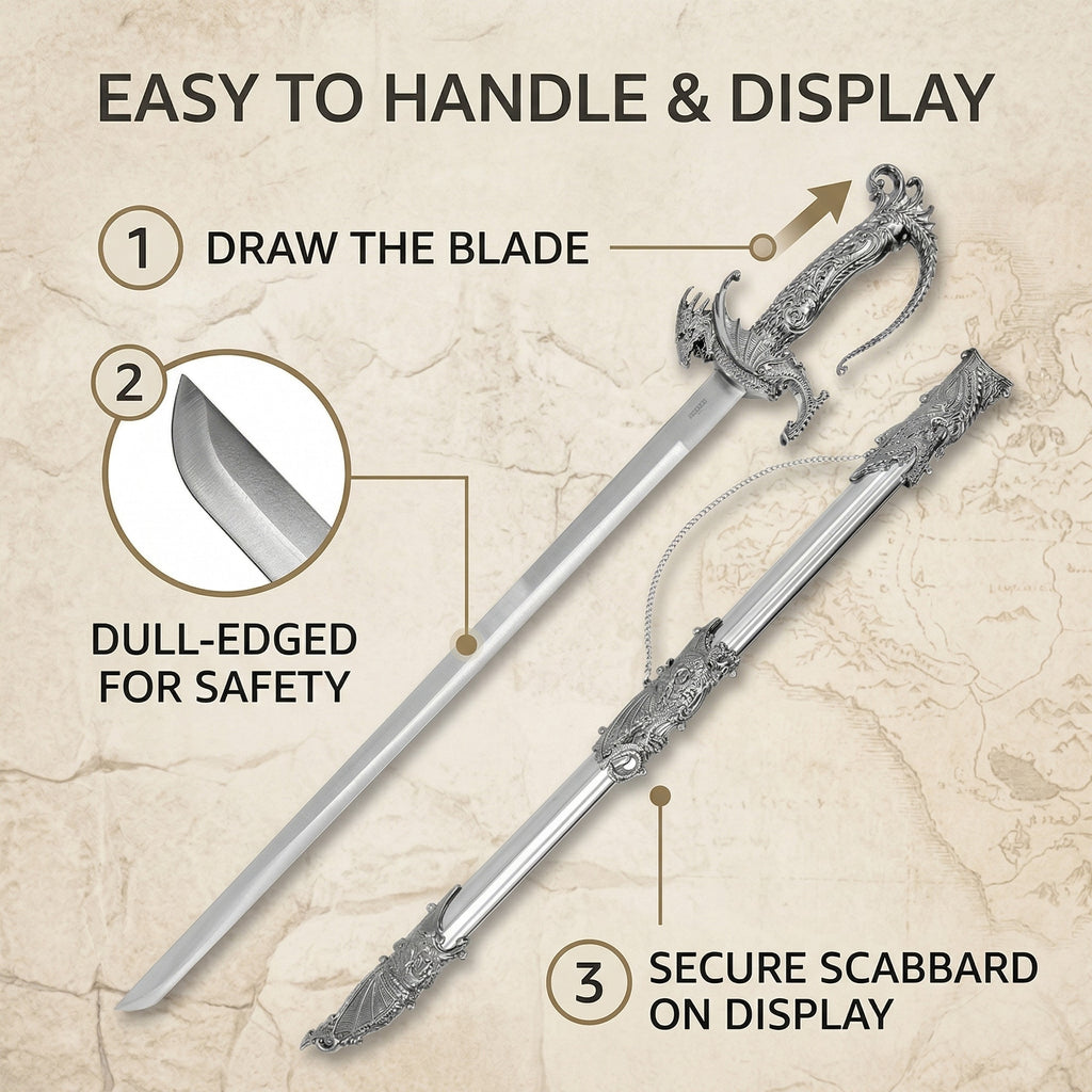 Saint George Medieval Dragon Sword – Decorative Replica Display Piece, Dull Blade Collectible, Knight Fantasy Sword for Cosplay, Home Decor and Collections