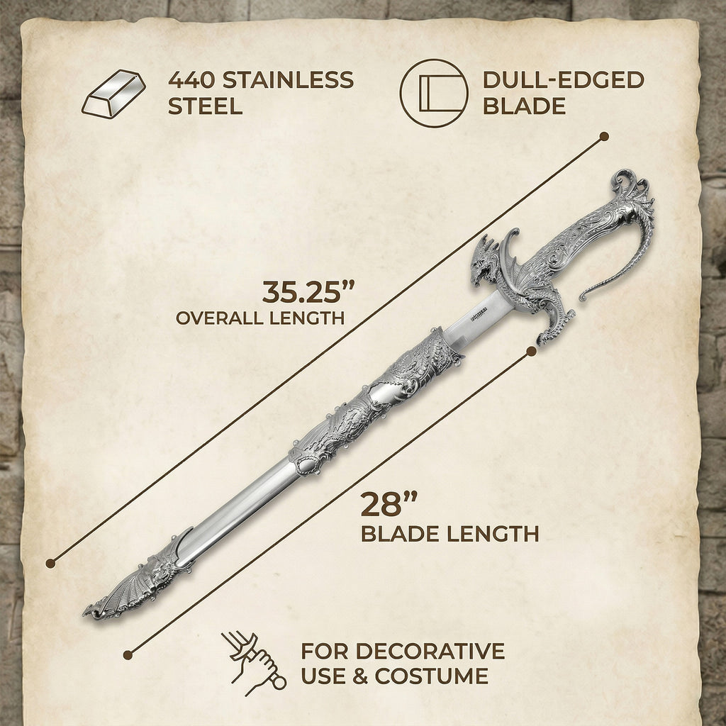 Saint George Medieval Dragon Sword – Decorative Replica Display Piece, Dull Blade Collectible, Knight Fantasy Sword for Cosplay, Home Decor and Collections