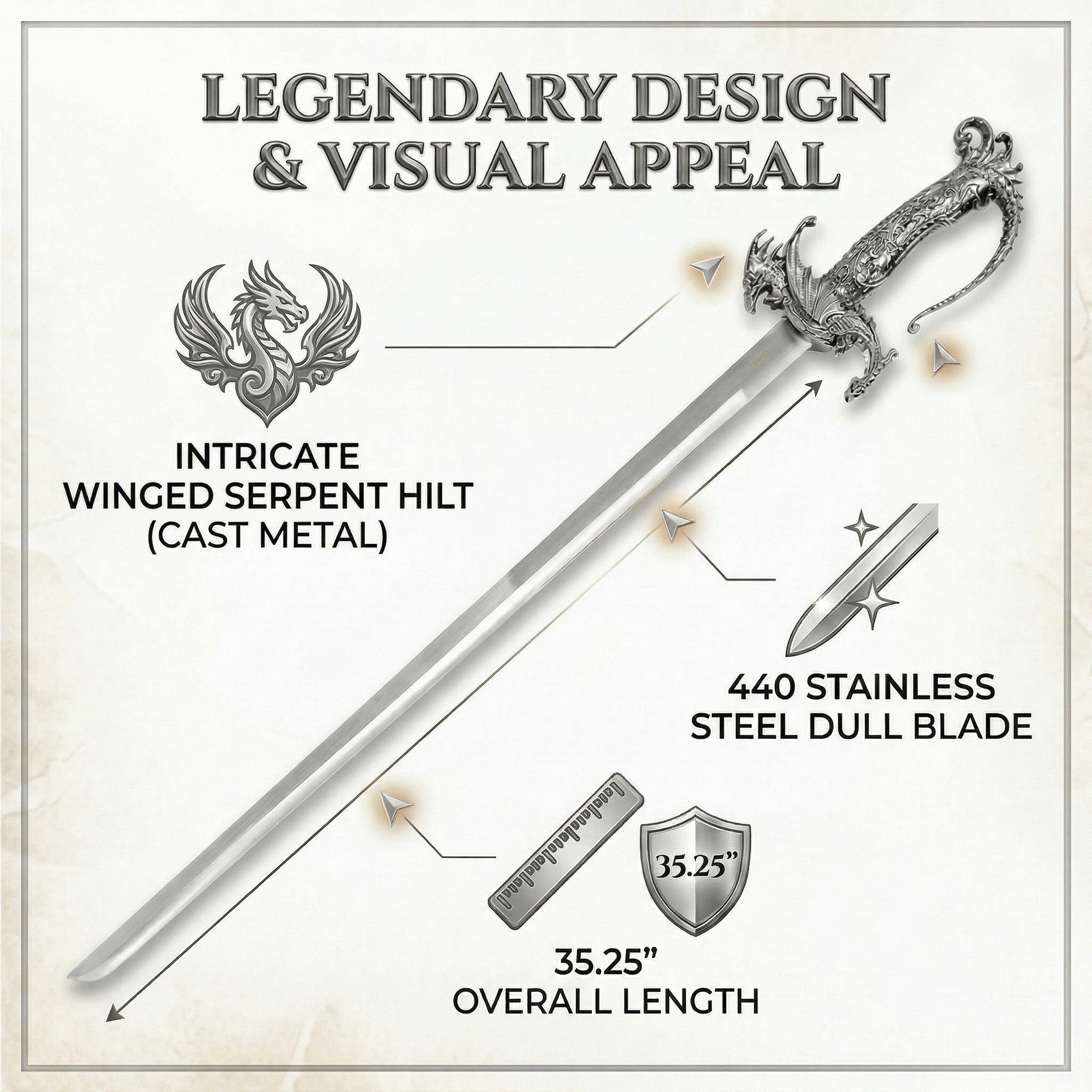 Saint George Medieval Dragon Sword – Decorative Replica Display Piece, Dull Blade Collectible, Knight Fantasy Sword for Cosplay, Home Decor and Collections
