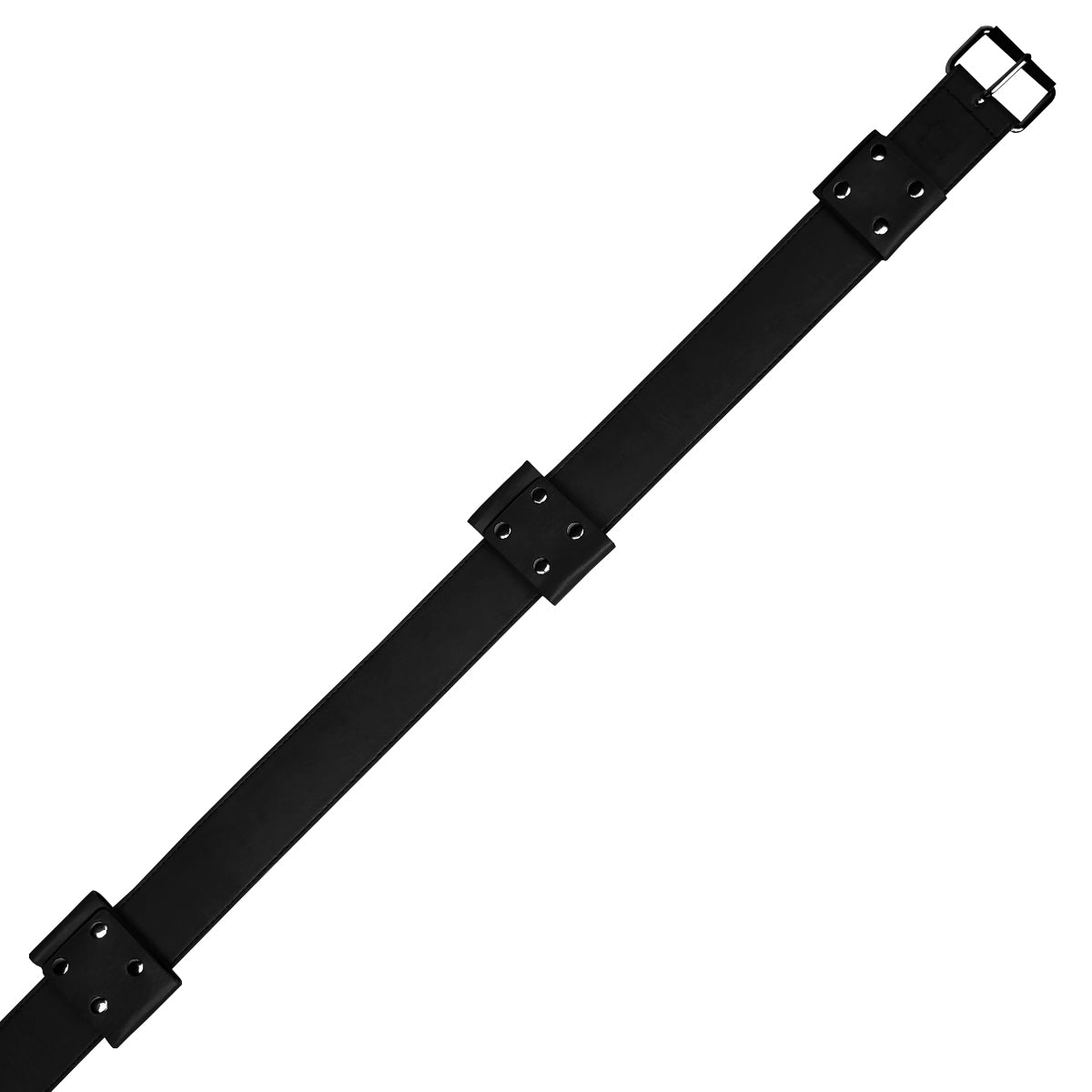 Black medieval sword belt with metal buckle and rivets