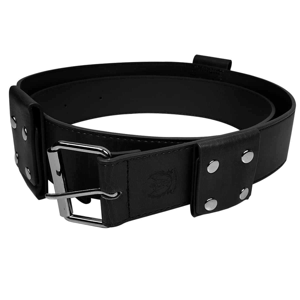 Black medieval sword belt by Pacific Solution with metal buckle and rivet details
