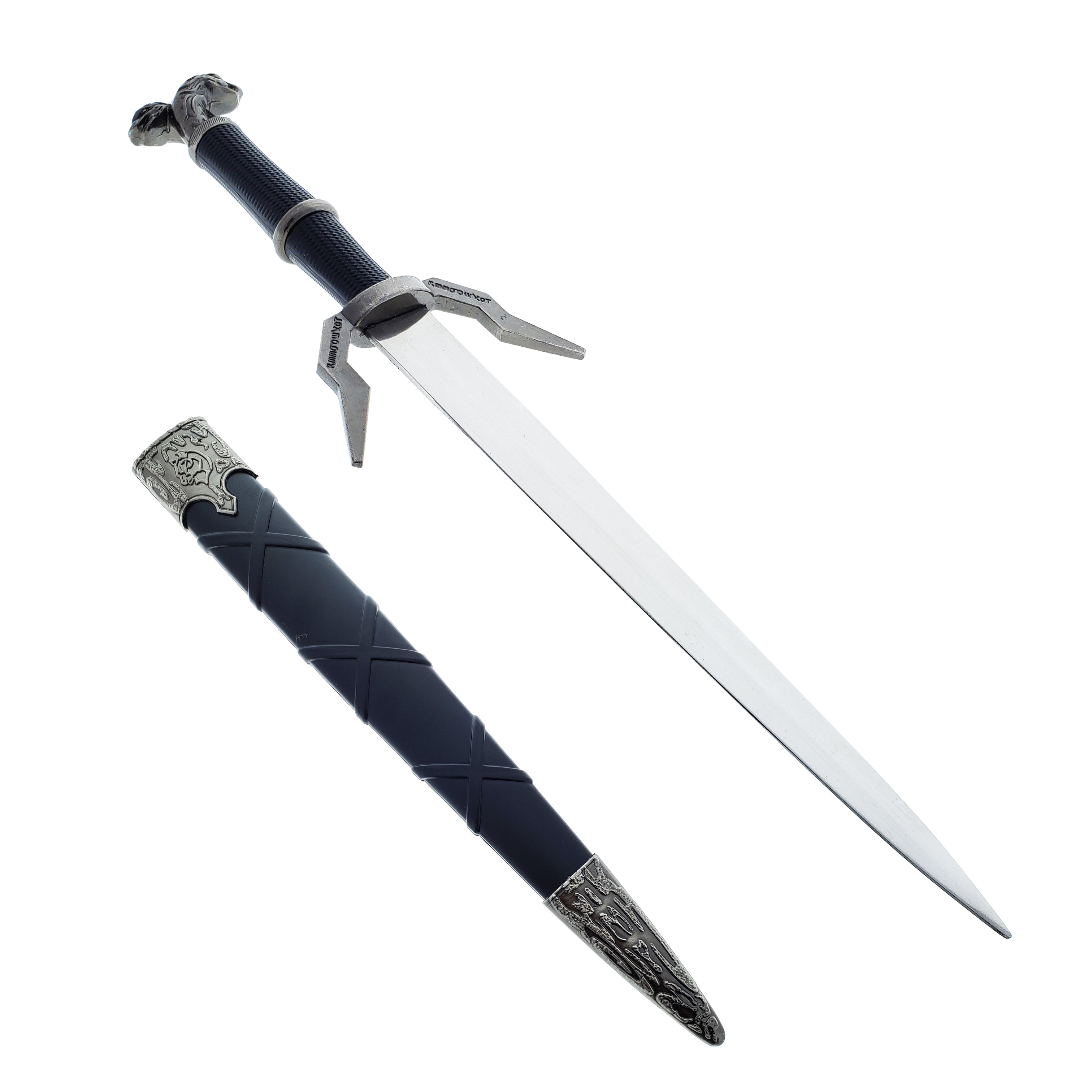 Black Medieval Sword - Two Headed Snake Handle with Intricate Blade Design and Decorative Sheath