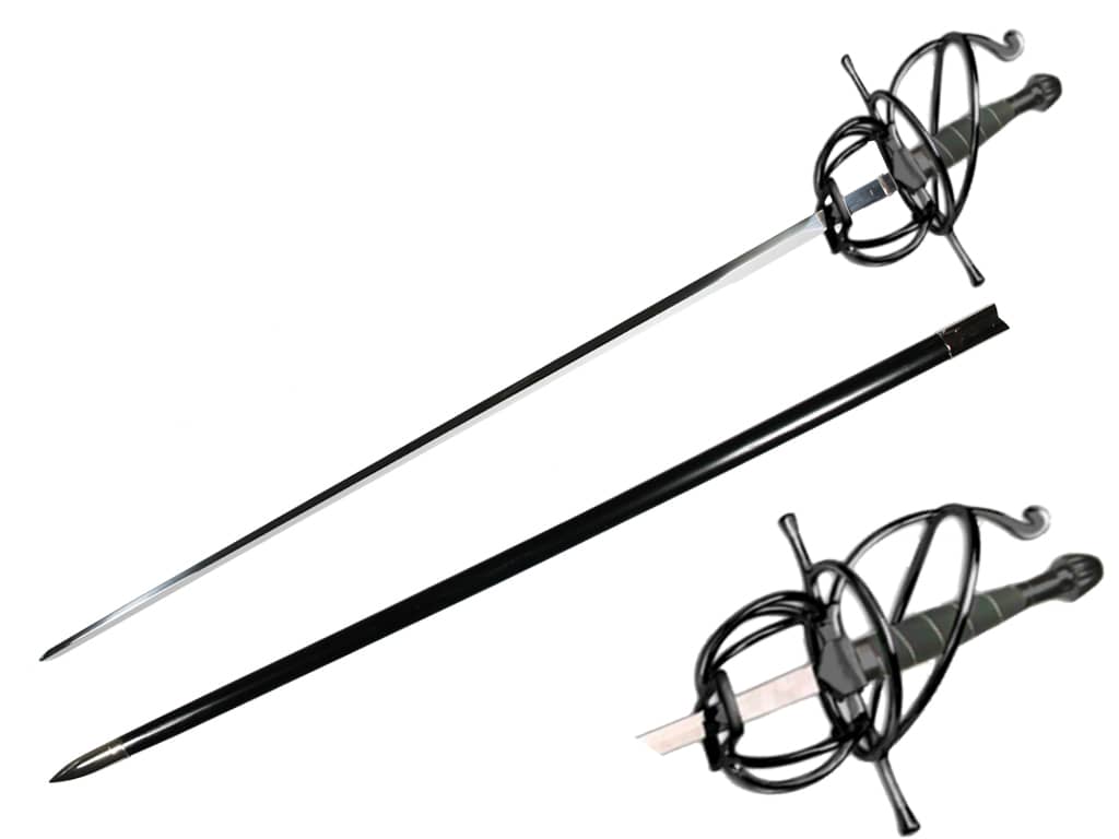 Knight's Collection black rapier sword with detailed basket hilt and matching black scabbard