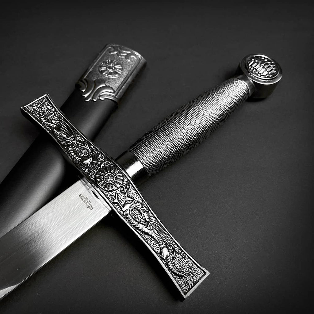 Chivalry one-hand medieval sword by Knight's Collection with ornate hilt and scabbard