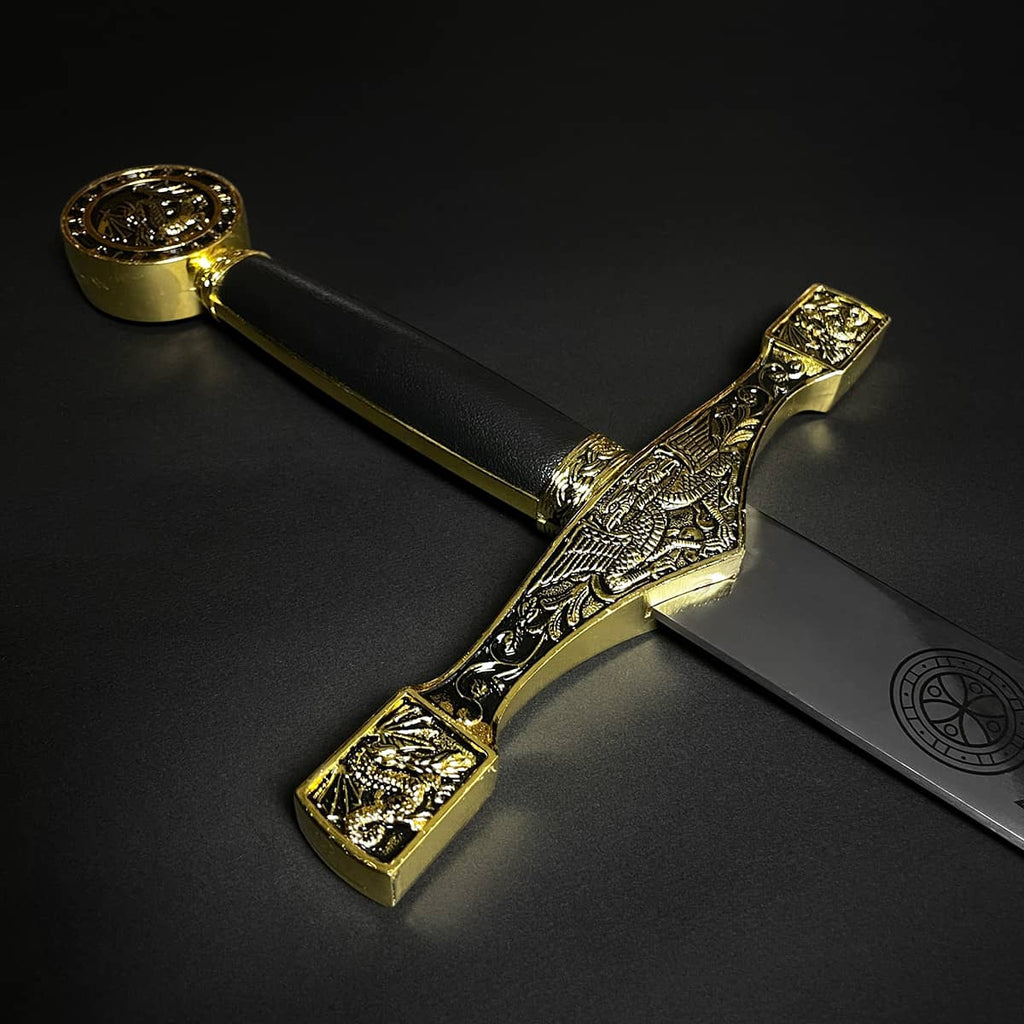 Decorative Excalibur Medieval sword with detailed gold hilt and black leather grip by Knight Collections