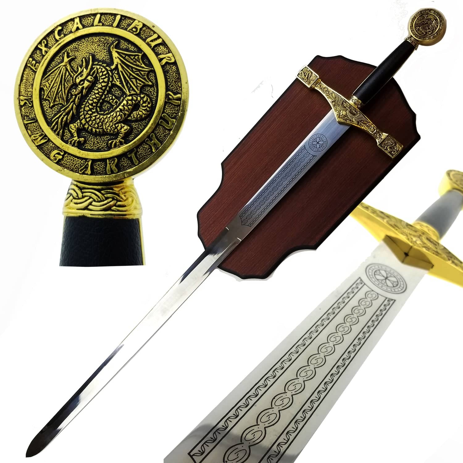 Decorative Excalibur Medieval sword with detailed gold dragon hilt and engraved silver blade mounted on wooden plaque
