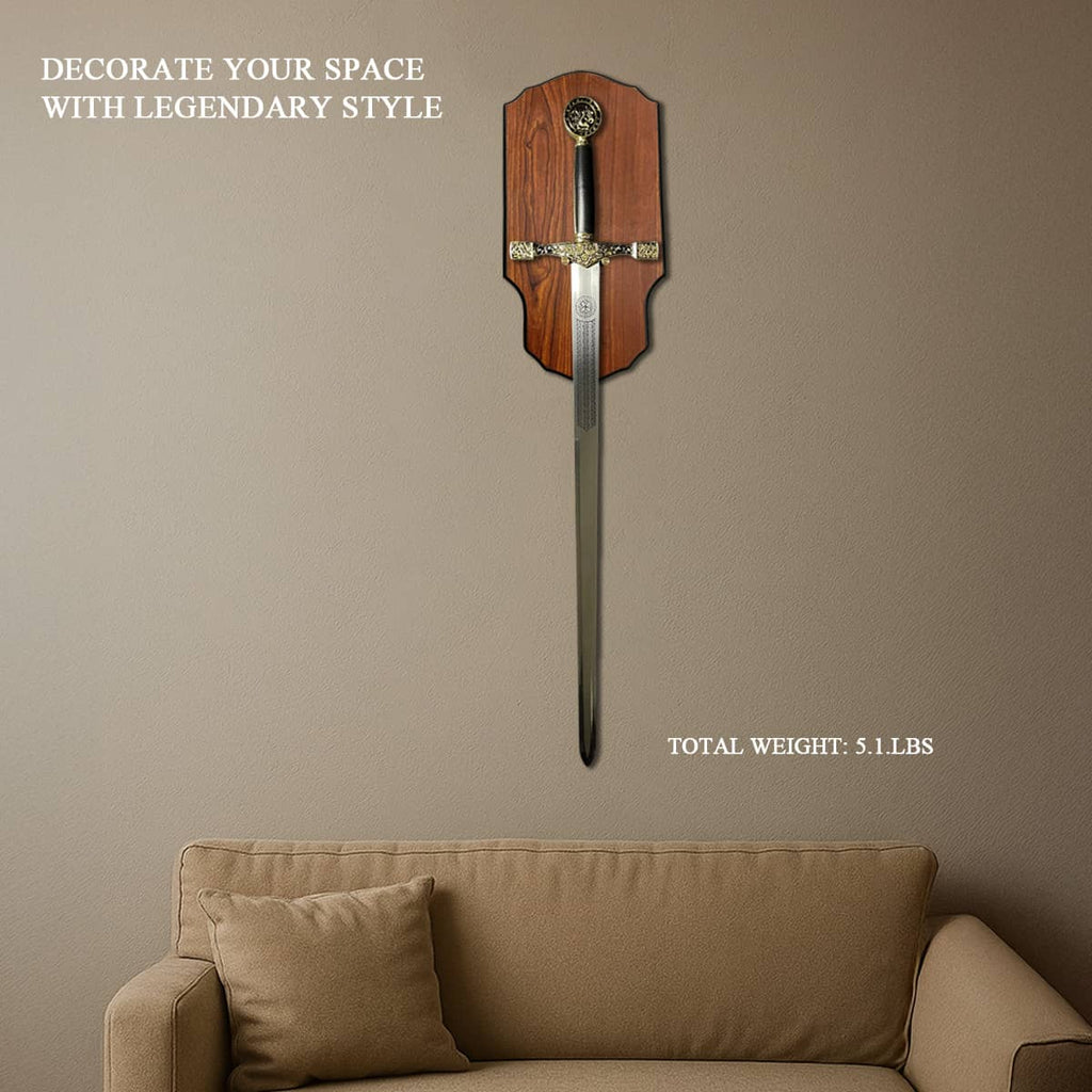 Decorative Excalibur Medieval sword mounted on wood plaque above beige sofa in living room