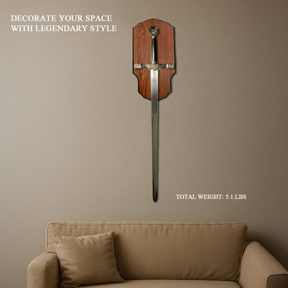 Decorative Excalibur Medieval sword mounted on wood plaque above beige sofa in living room
