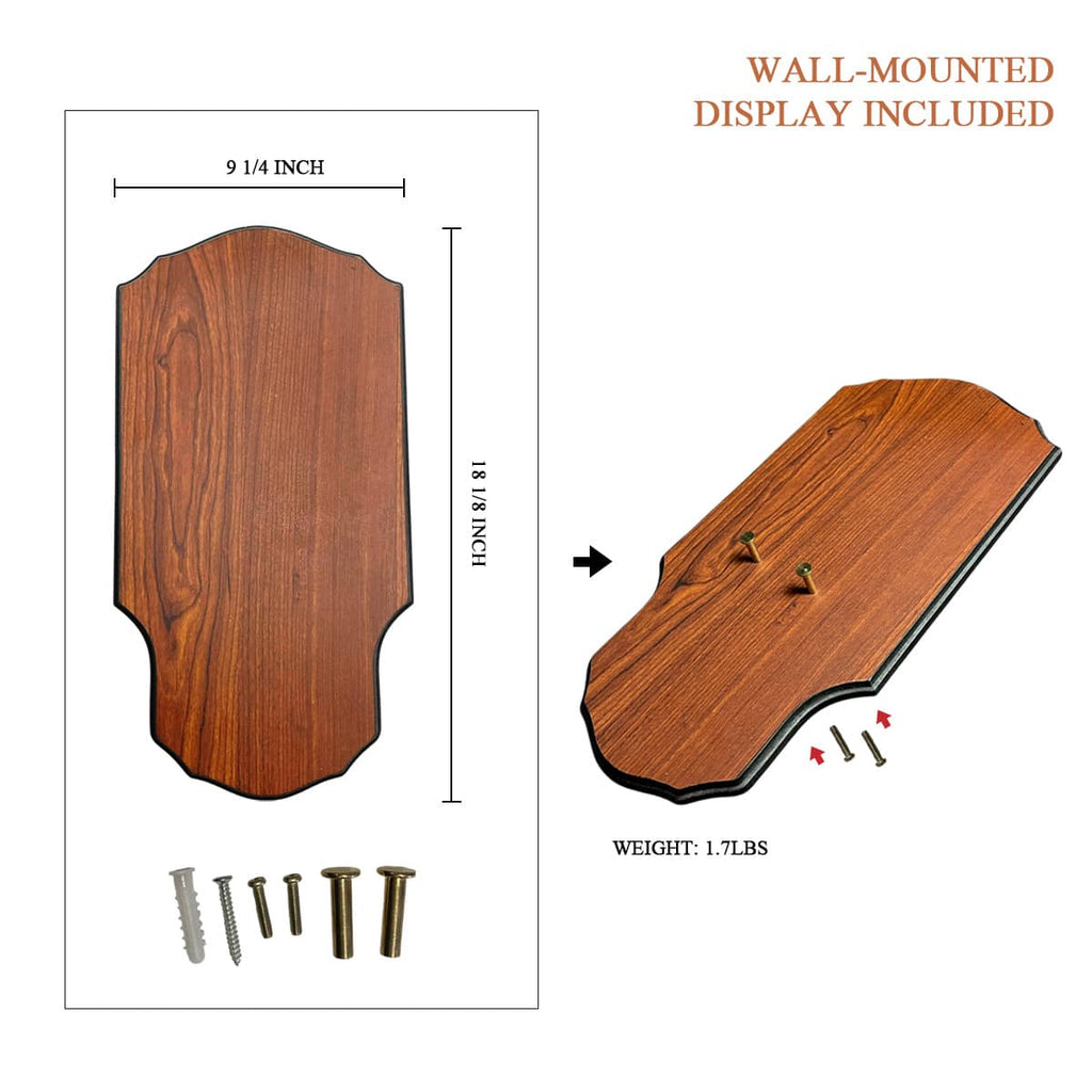 Wooden wall-mounted display plaque with screws for decorative Excalibur medieval sword