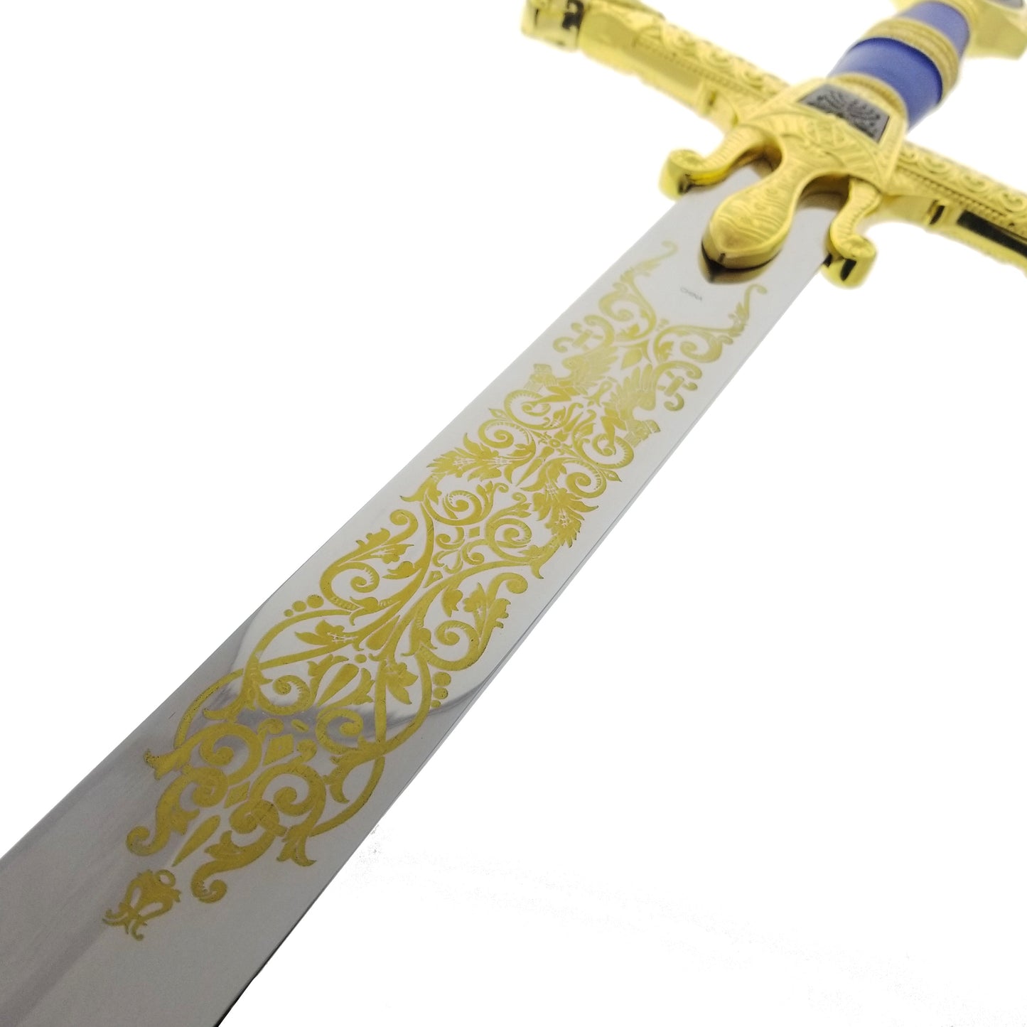 Decorative King Solomon medieval sword with intricate gold patterns on blade from Knight Collections