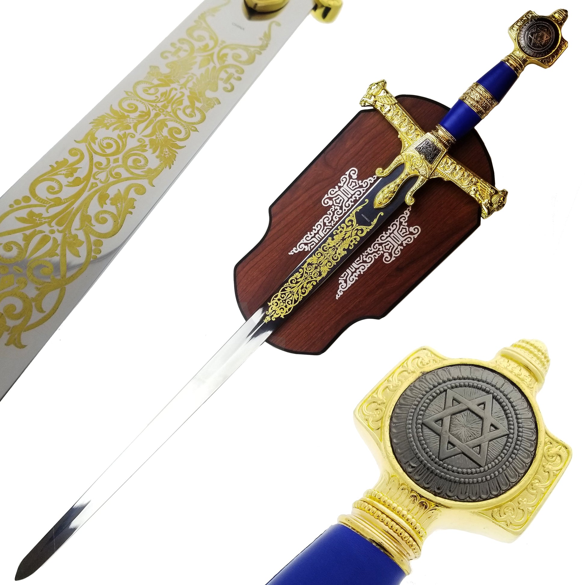 Decorative King Solomon medieval sword with gold detailing and wooden plaque from Knight Collections