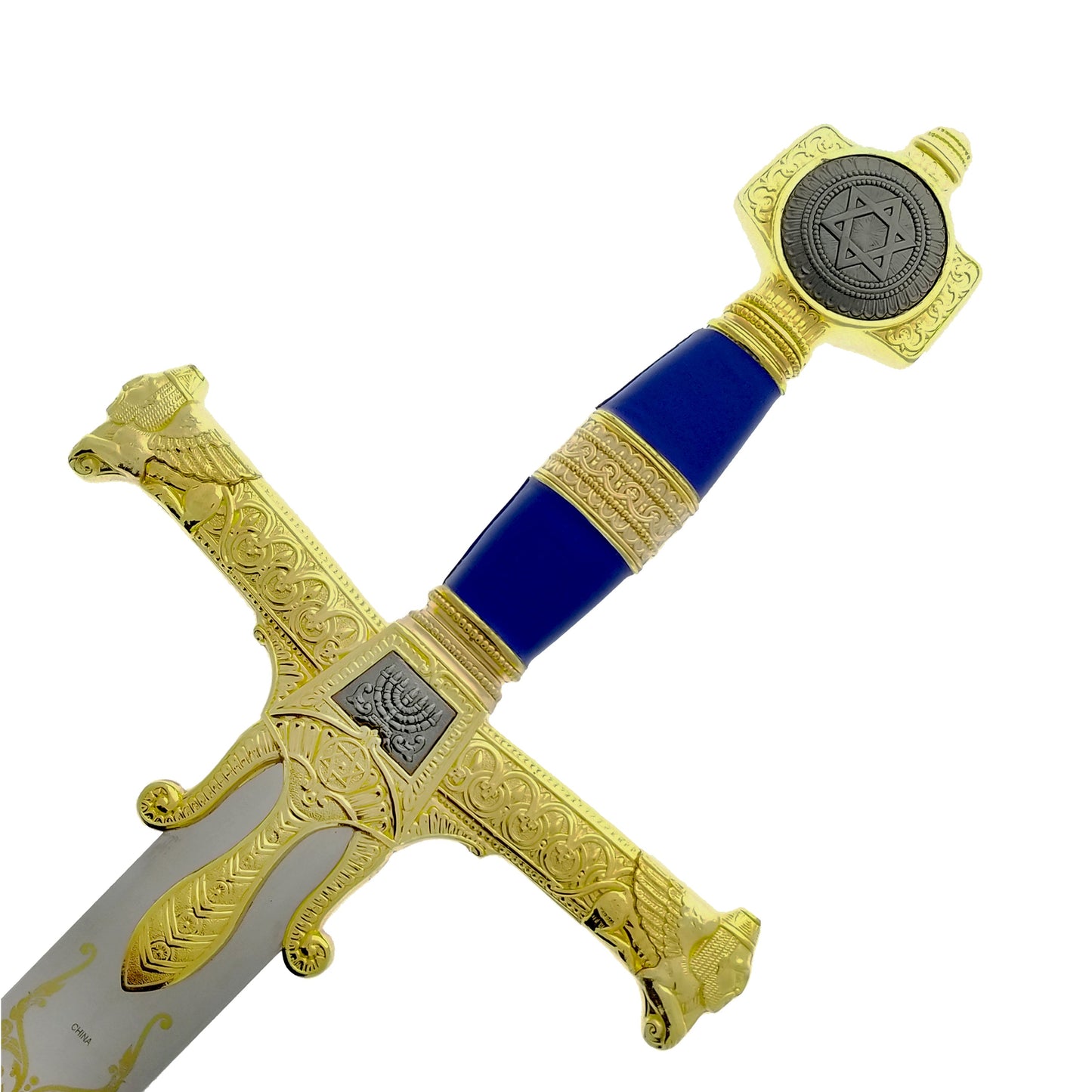Decorative King Solomon medieval sword with ornate gold hilt and blue grip from Knight Collections