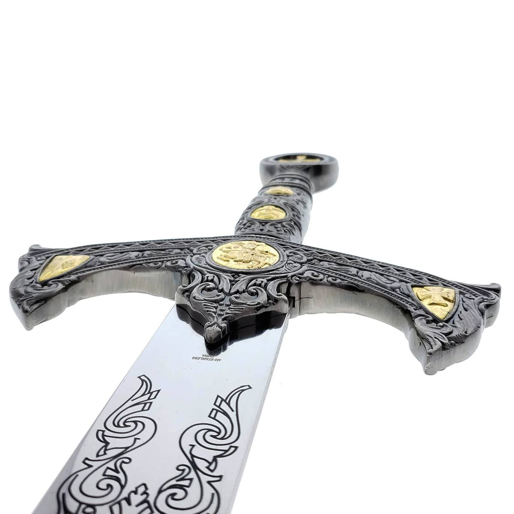 Decorative Knights Templar medieval sword with intricate gold and black handle details